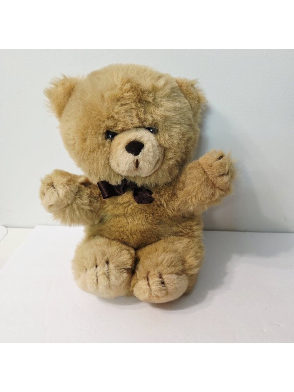 Vtg America Wego Tan Brown Nose Silk Bow Tie Teddy Bear Glass Eyes Plush Toy